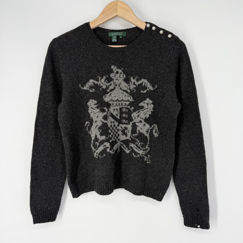 Ralph Lauren Coat of Arms Sweater Lion Horse Wool Crew Neck Button Shoulder - Picture 2 of 9